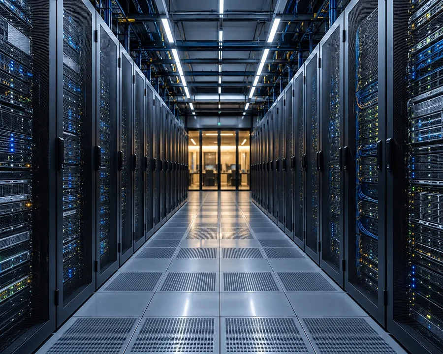 Modern data centre server aisle with subtle blue lighting