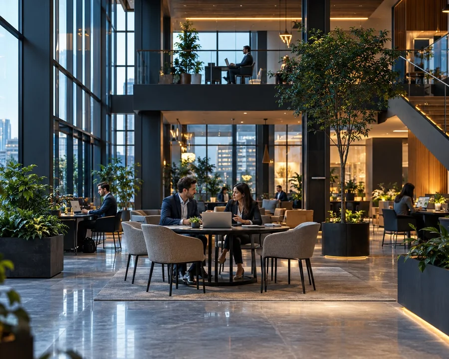Modern enterprise office with people working at glass-walled desks