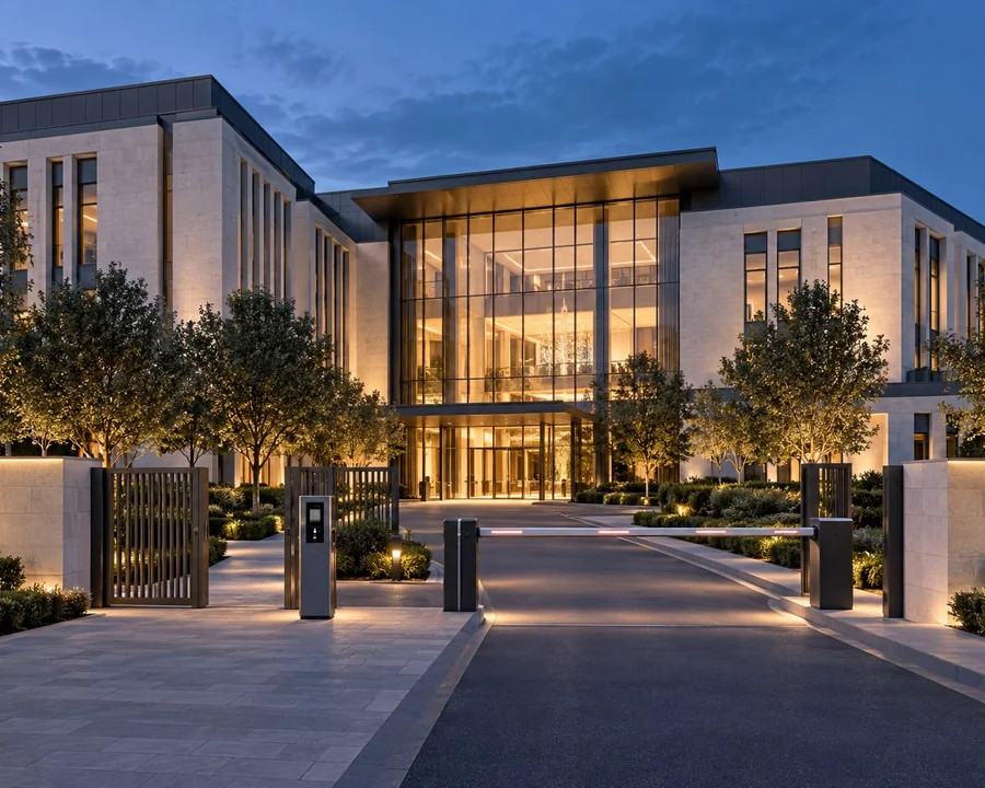 Secure institutional building with a controlled entrance walkway