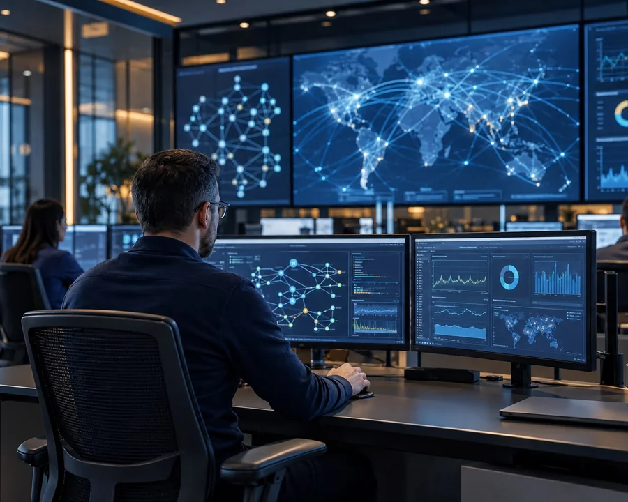 Telecom engineer monitoring dashboards in a network operations centre