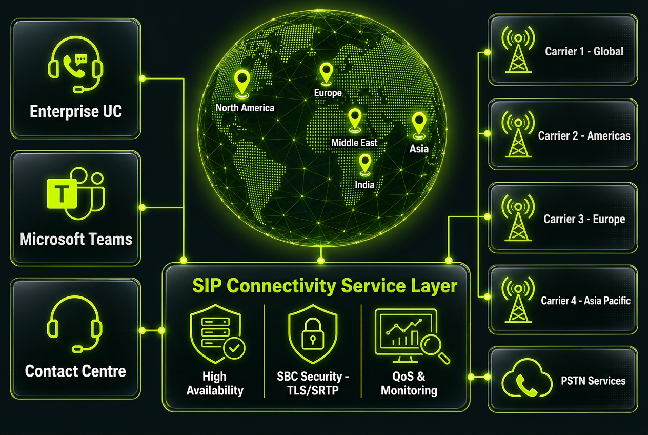 Architecture diagram: enterprise UC, Microsoft Teams and contact centre platforms connect into a single global SIP connectivity service layer providing high availability, SBC security and monitoring, which links to regional PSTN points across North America, Europe, Middle East, India and Asia through multiple licensed carriers.