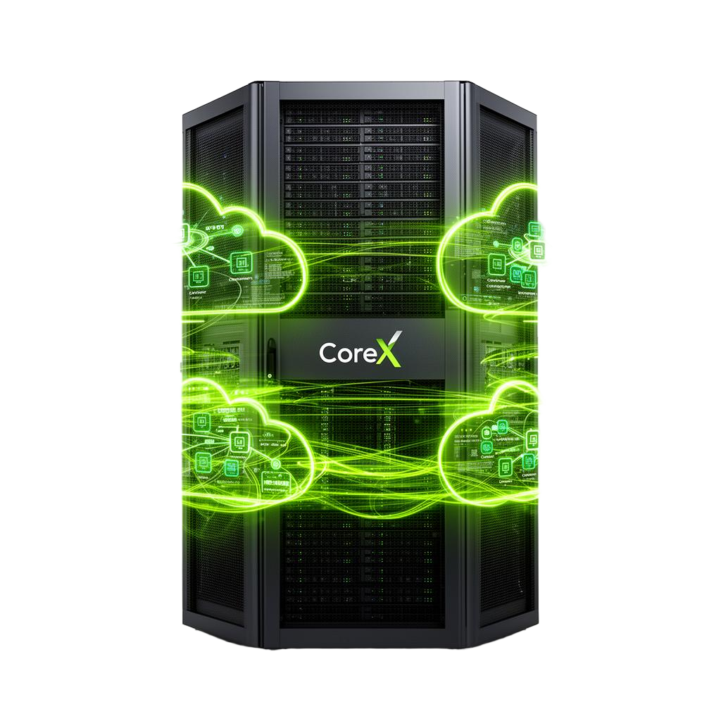 CoreX data center virtualisation platform with server racks, cloud orchestration and VM containers