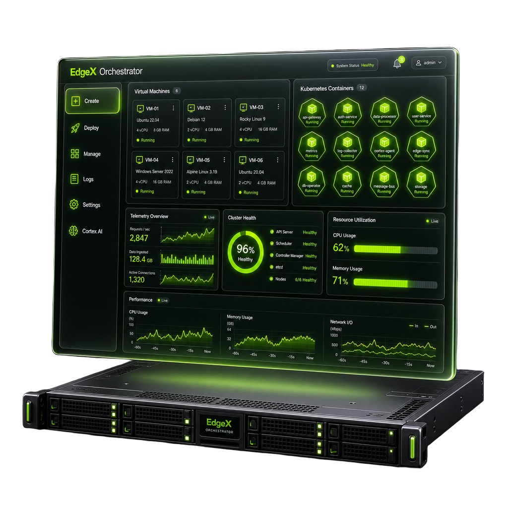EdgeX software orchestrator displaying K8s containers and VMs sitting on top of an x86 server hardware box