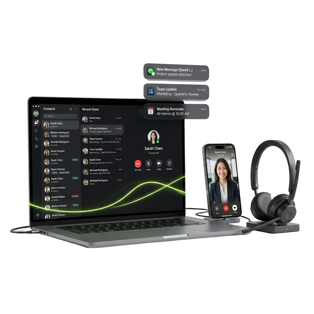 Enterprise communications platform showing laptop dashboard, smartphone, headset and chat interface