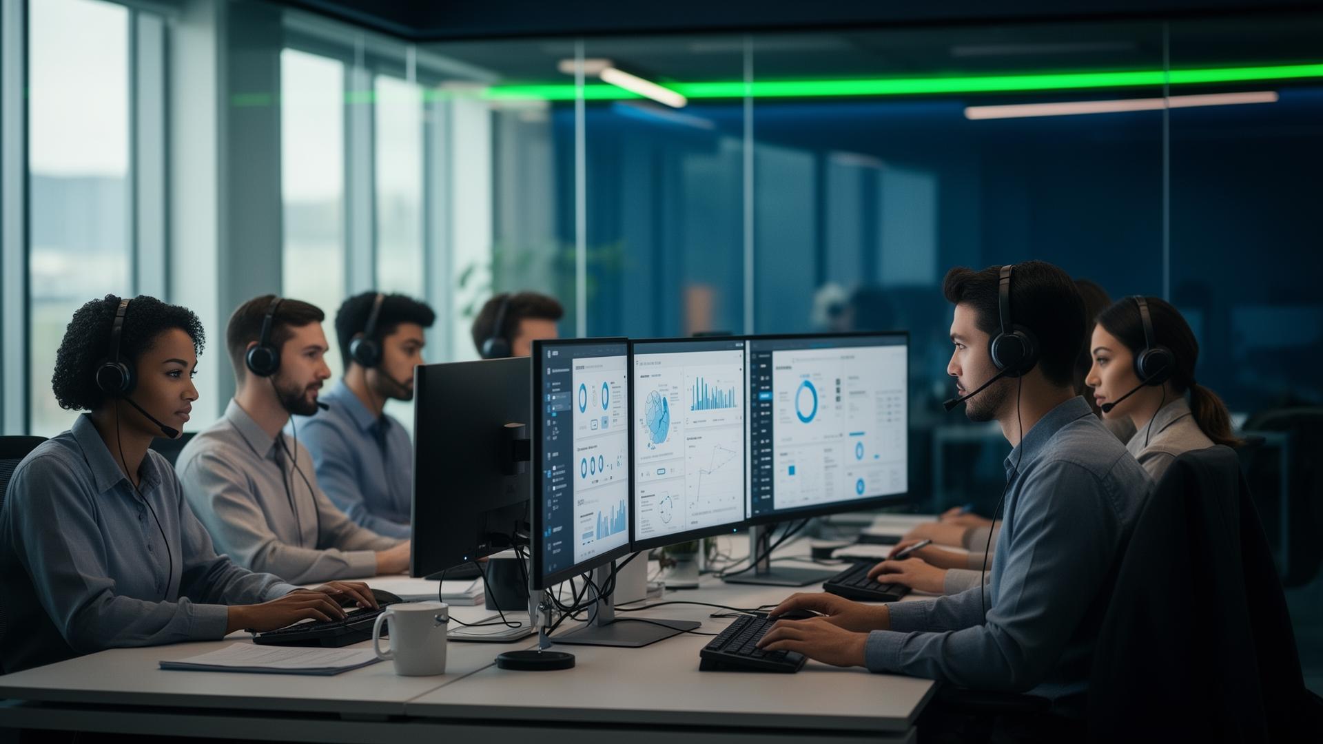 Enterprise contact center agents collaborating on AI-powered HookZ CX dashboards