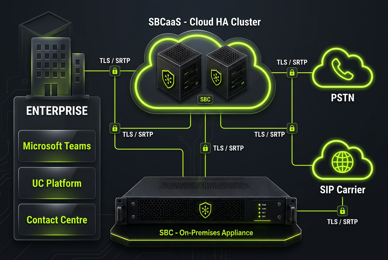 Architecture diagram: enterprise Microsoft Teams, UC platform and contact centre connect over encrypted TLS and SRTP tunnels to a highly available cloud-hosted SBCaaS cluster and an on-premises SBC appliance, which in turn connect to SIP carrier and PSTN networks.