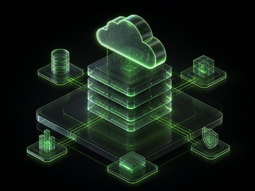 Isometric cloud infrastructure illustration with neon green glow
