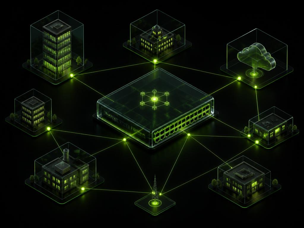 Isometric enterprise network mesh illustration with neon green links