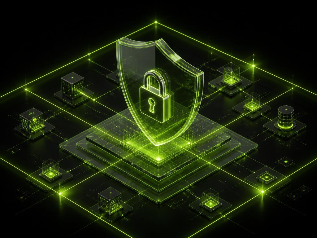Isometric cybersecurity shield illustration over a network grid
