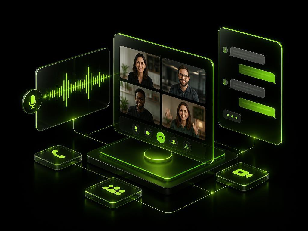 Isometric unified communications illustration with voice, video and chat panels